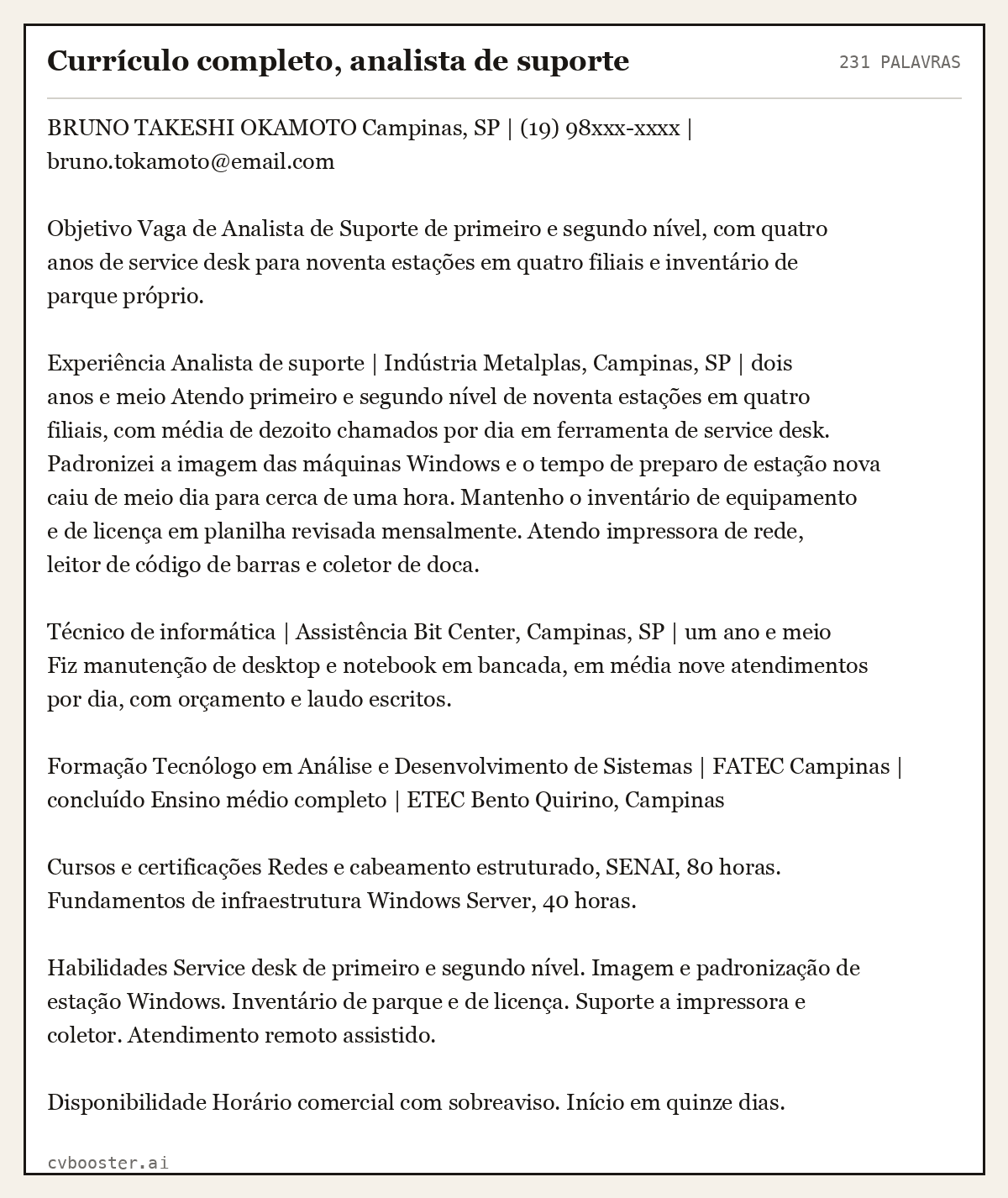 Exemplo completo: Currículo completo, analista de suporte, 231 palavras