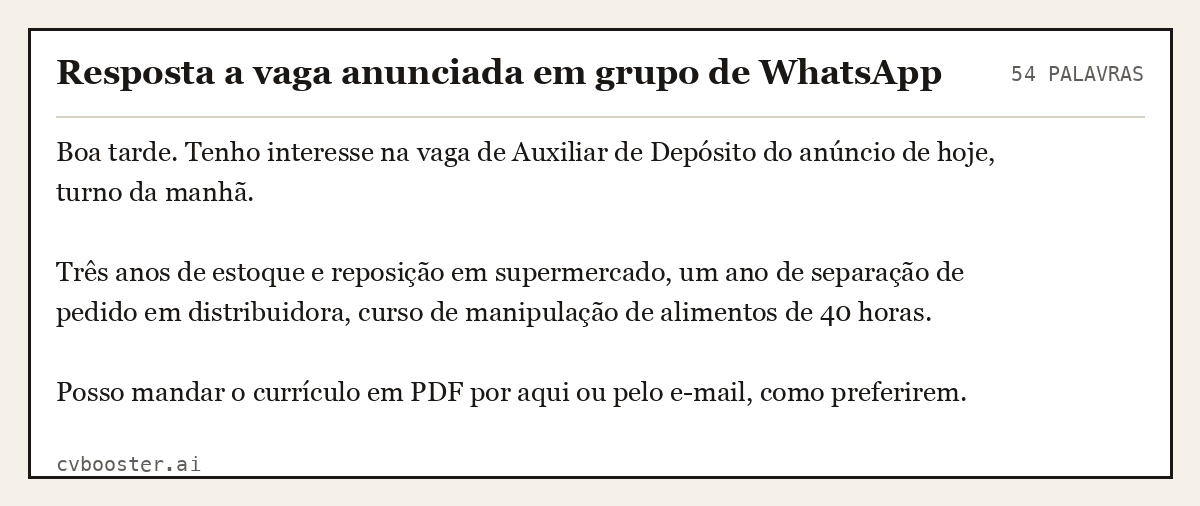 Exemplo completo: Resposta a vaga anunciada em grupo de WhatsApp, 54 palavras