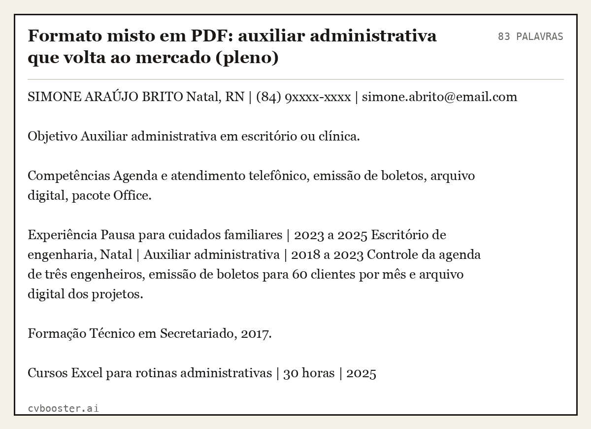 Exemplo completo: Formato misto em PDF: auxiliar administrativa que volta ao mercado (pleno), 83 palavras