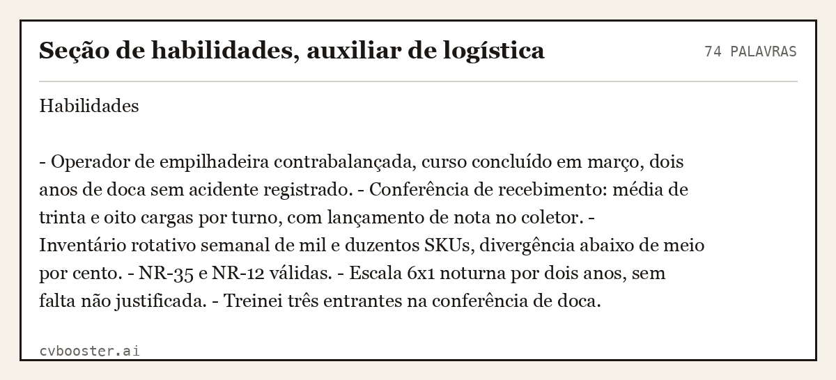 Exemplo completo: Seção de habilidades, auxiliar de logística, 74 palavras