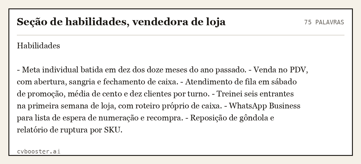 Exemplo completo: Seção de habilidades, vendedora de loja, 75 palavras
