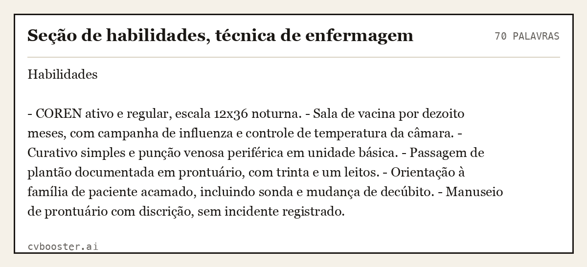 Exemplo completo: Seção de habilidades, técnica de enfermagem, 70 palavras