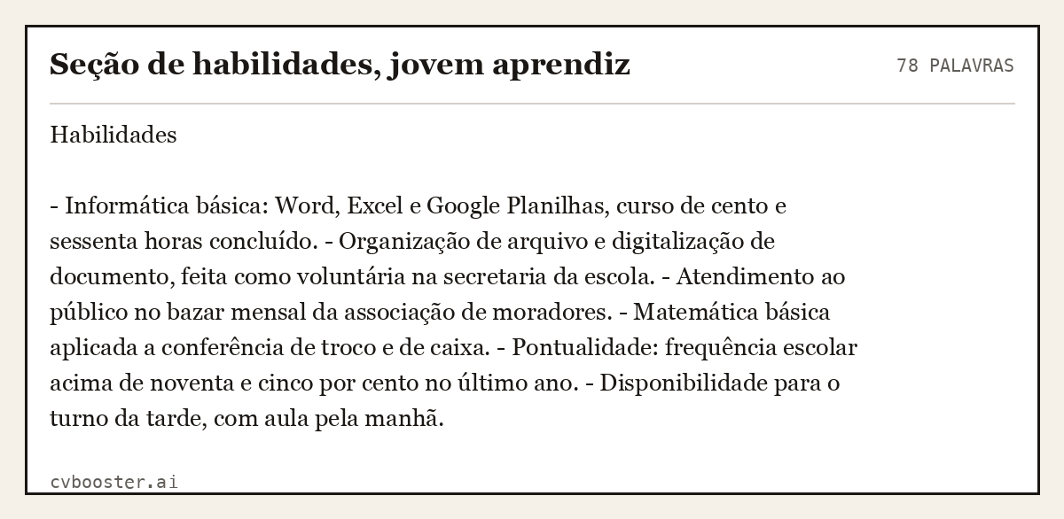 Exemplo completo: Seção de habilidades, jovem aprendiz, 78 palavras
