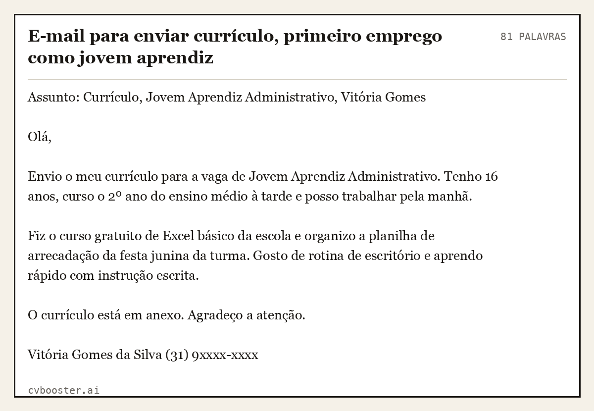 Exemplo completo: E-mail para enviar currículo, primeiro emprego como jovem aprendiz, 81 palavras