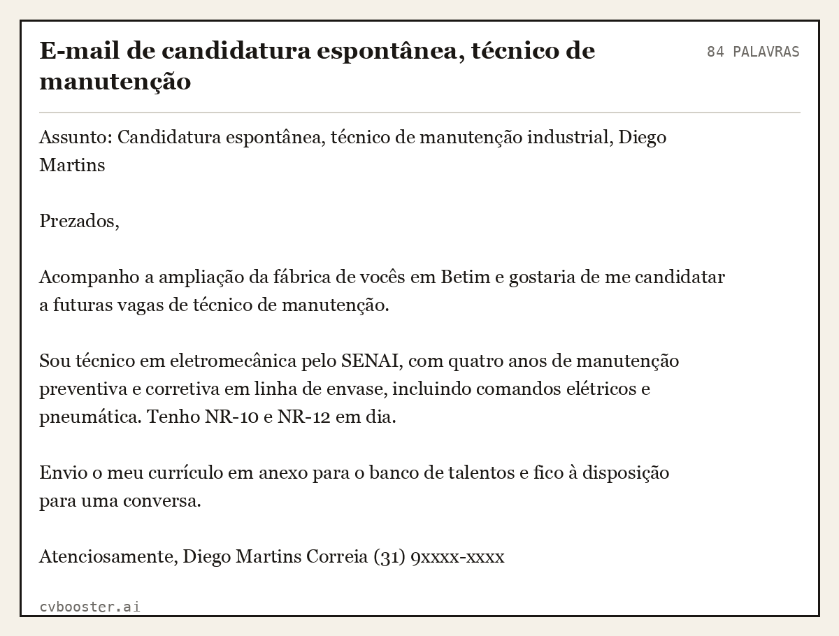 Exemplo completo: E-mail de candidatura espontânea, técnico de manutenção, 84 palavras