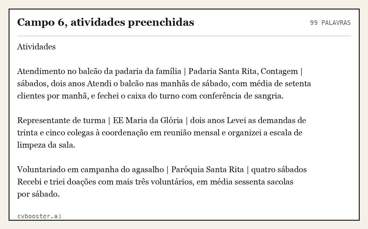 Exemplo completo: Campo 6, atividades preenchidas, 99 palavras
