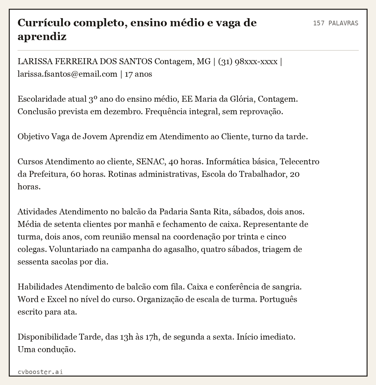 Exemplo completo: Currículo completo, ensino médio e vaga de aprendiz, 157 palavras