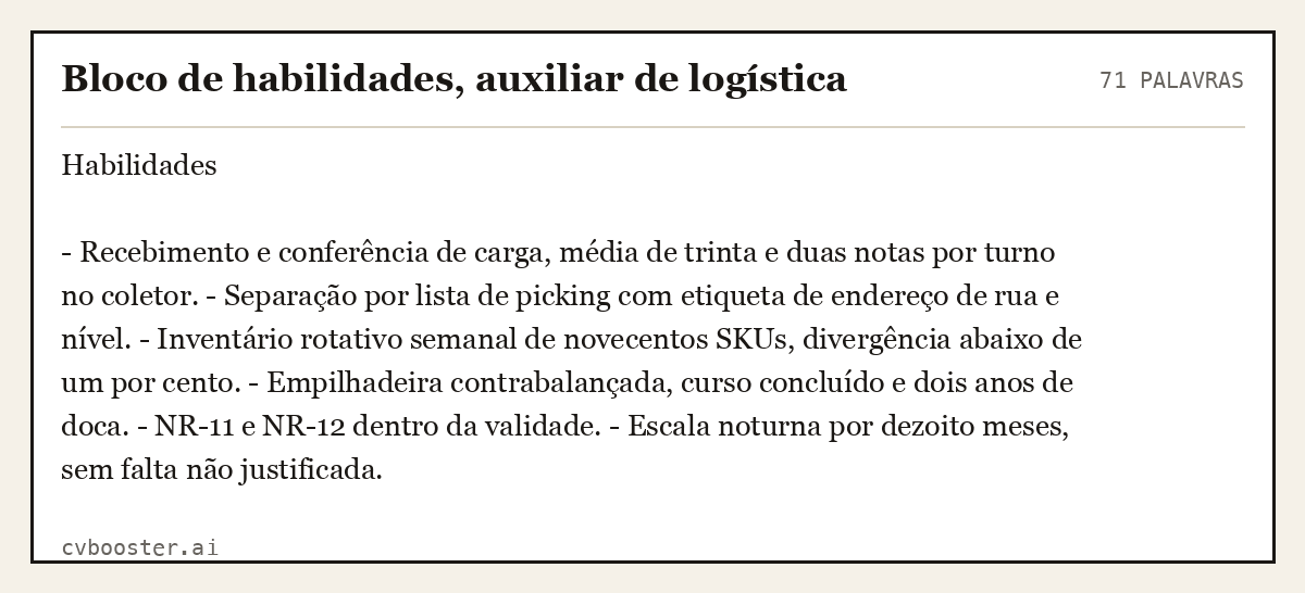 Exemplo completo: Bloco de habilidades, auxiliar de logística, 71 palavras