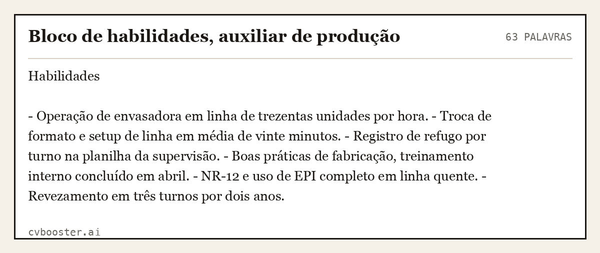 Exemplo completo: Bloco de habilidades, auxiliar de produção, 63 palavras