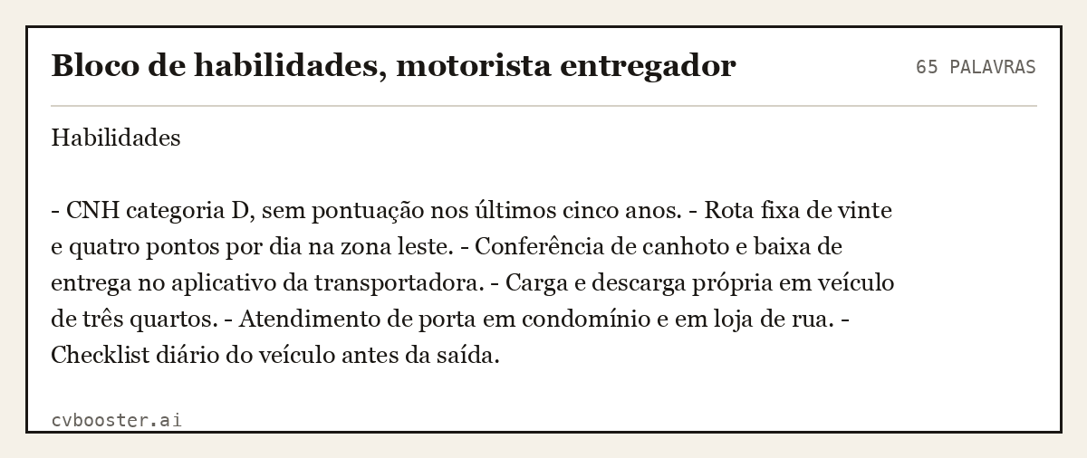 Exemplo completo: Bloco de habilidades, motorista entregador, 65 palavras