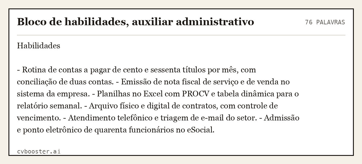Exemplo completo: Bloco de habilidades, auxiliar administrativo, 76 palavras