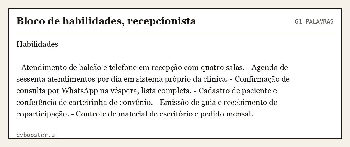 Exemplo completo: Bloco de habilidades, recepcionista, 61 palavras