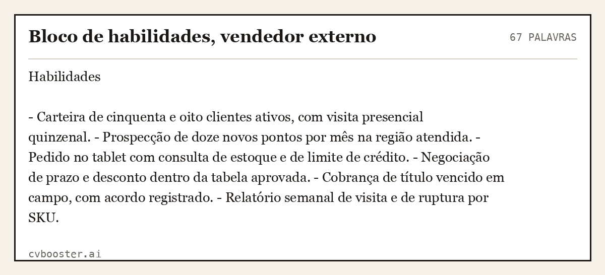 Exemplo completo: Bloco de habilidades, vendedor externo, 67 palavras