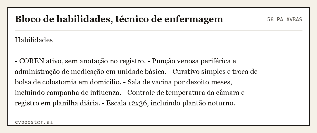 Exemplo completo: Bloco de habilidades, técnico de enfermagem, 58 palavras