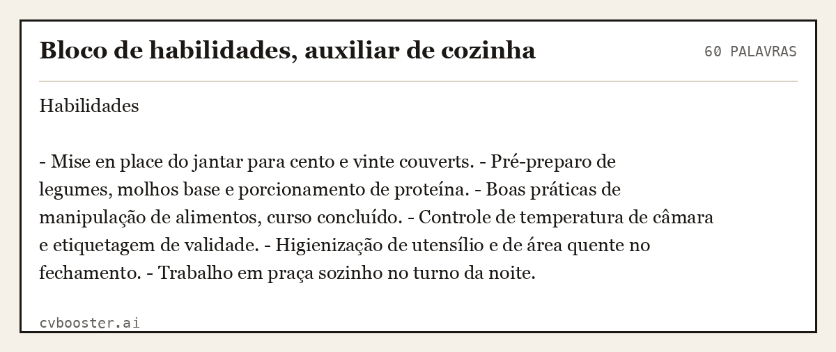 Exemplo completo: Bloco de habilidades, auxiliar de cozinha, 60 palavras