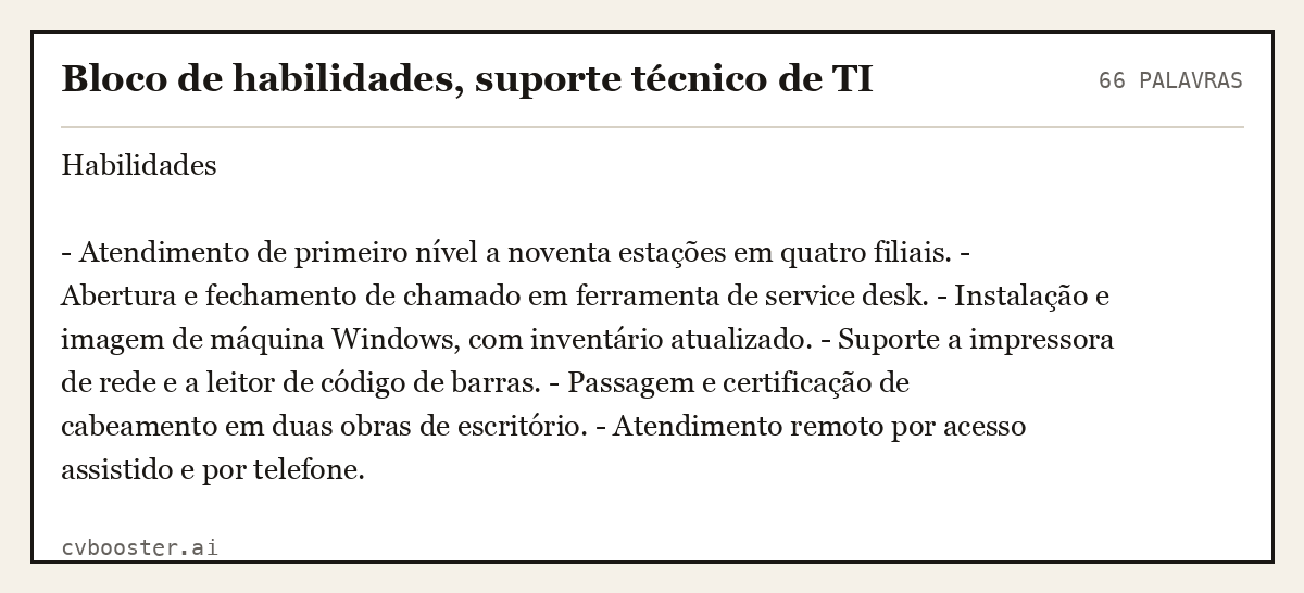 Exemplo completo: Bloco de habilidades, suporte técnico de TI, 66 palavras