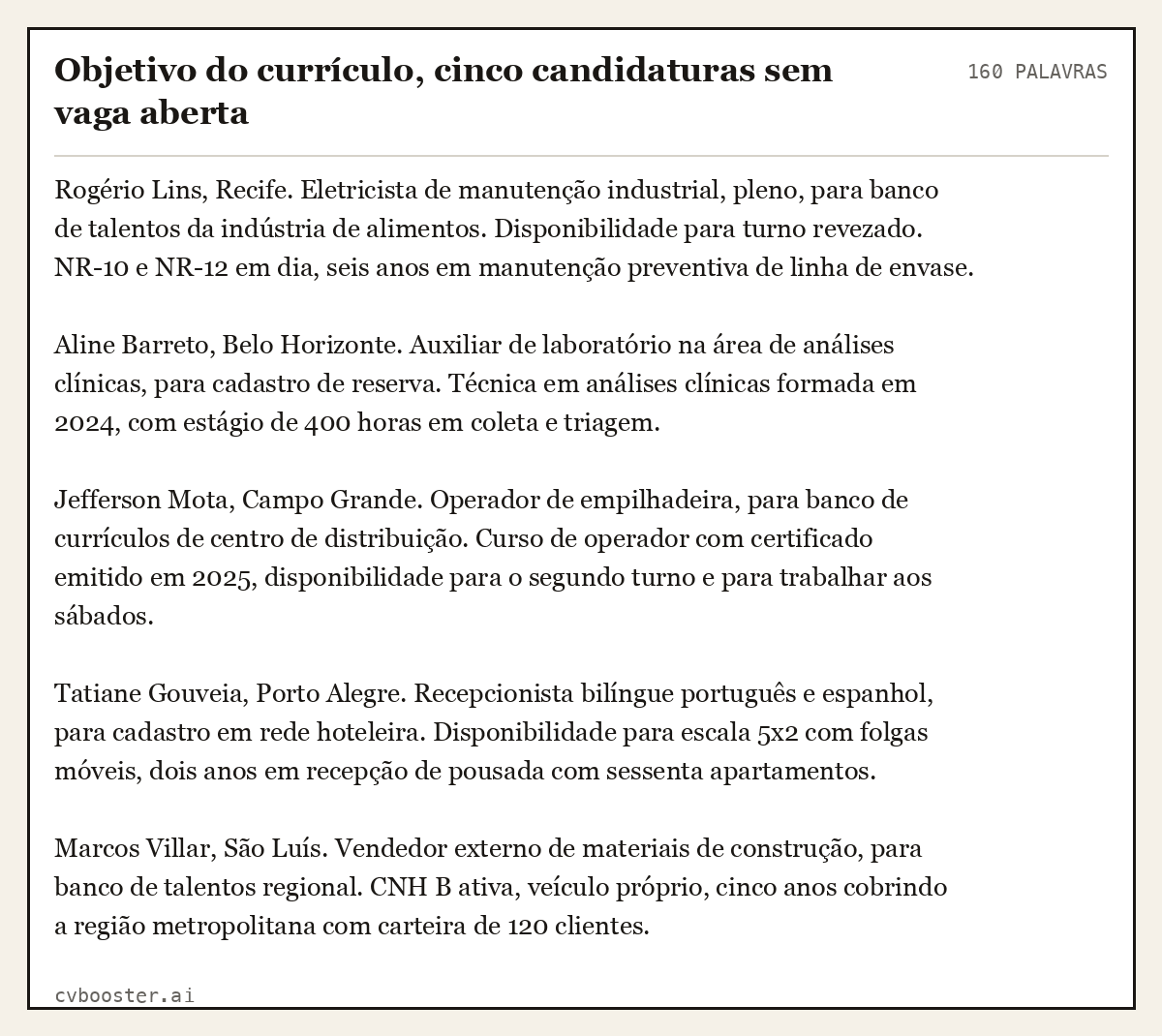 Exemplo completo: Objetivo do currículo, cinco candidaturas sem vaga aberta, 160 palavras