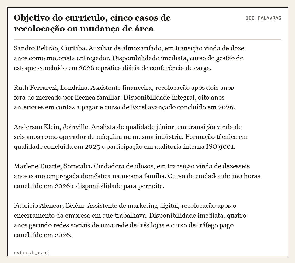 Exemplo completo: Objetivo do currículo, cinco casos de recolocação ou mudança de área, 166 palavras