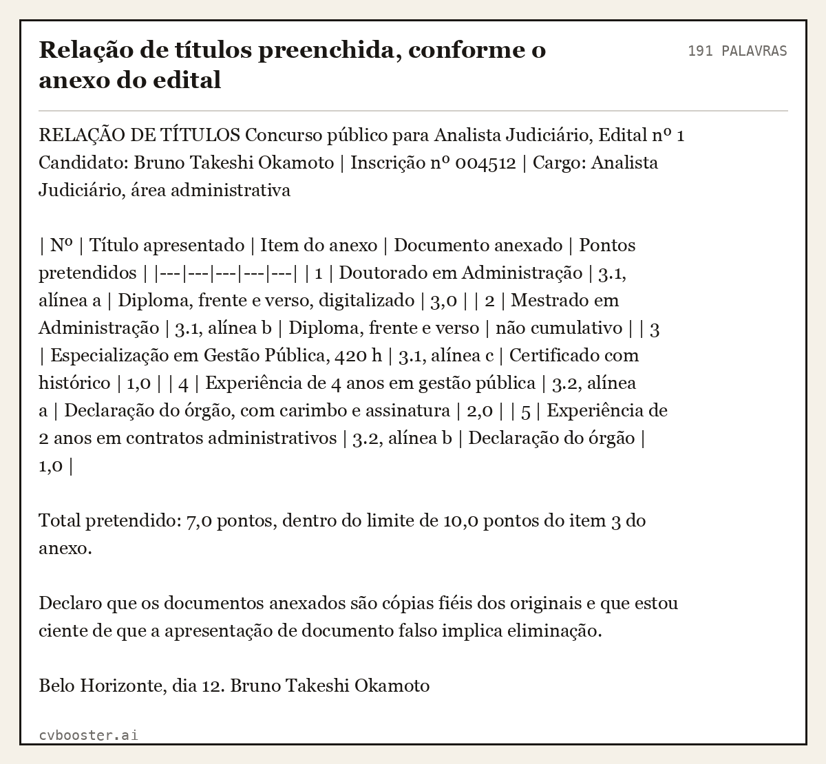 Exemplo completo: Relação de títulos preenchida, conforme o anexo do edital, 191 palavras