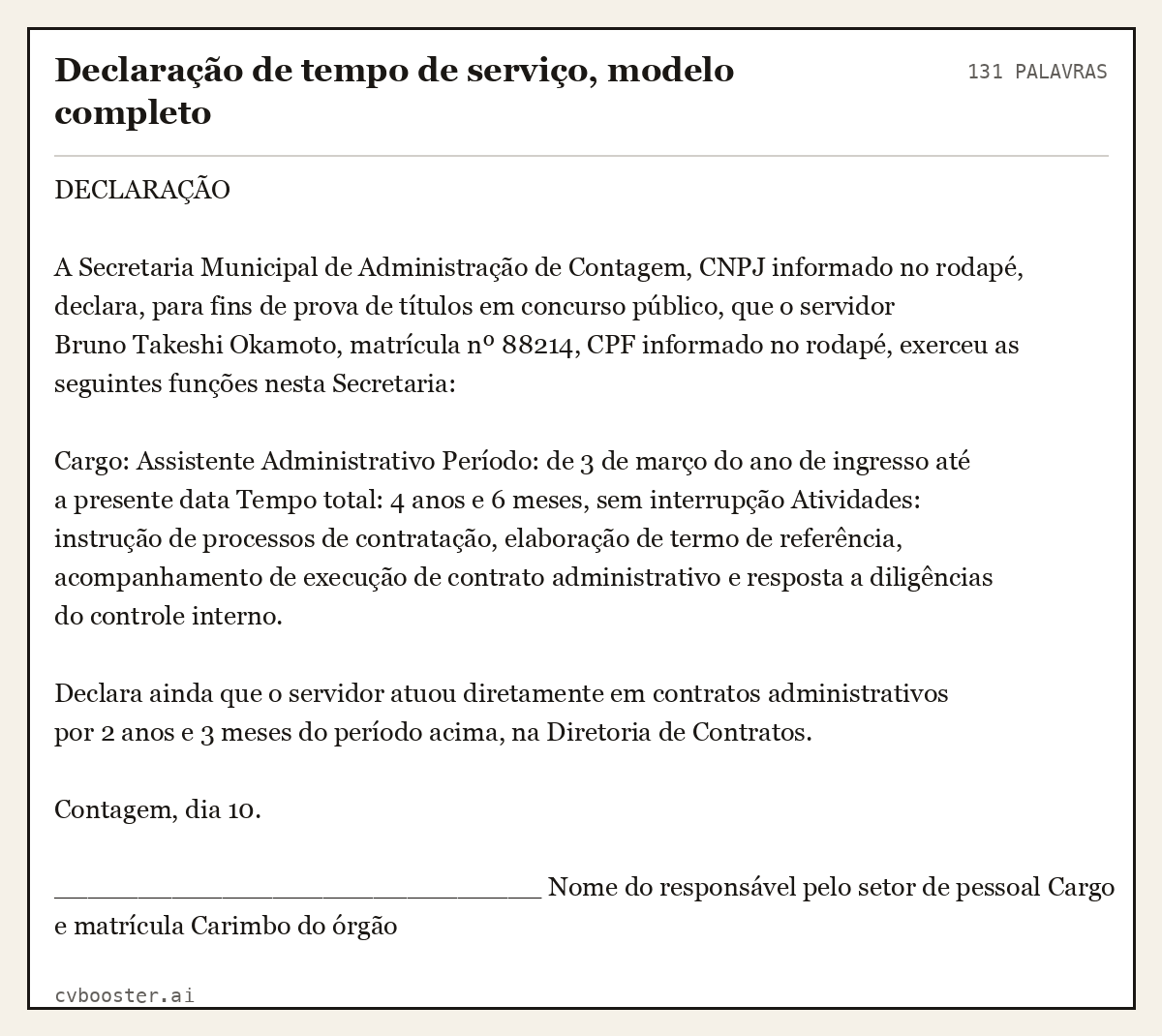 Exemplo completo: Declaração de tempo de serviço, modelo completo, 131 palavras