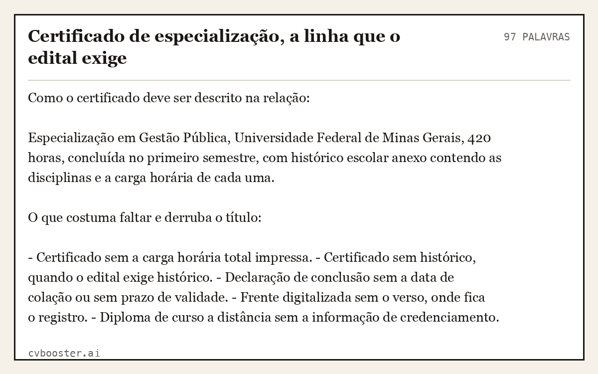 Exemplo completo: Certificado de especialização, a linha que o edital exige, 97 palavras
