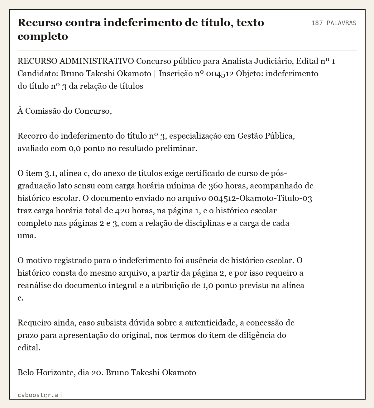 Exemplo completo: Recurso contra indeferimento de título, texto completo, 187 palavras