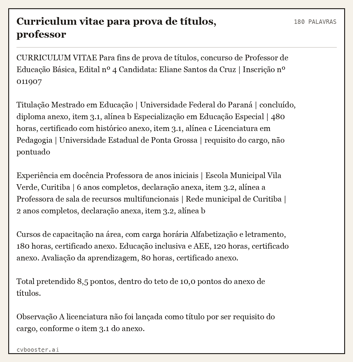 Exemplo completo: Curriculum vitae para prova de títulos, professor, 180 palavras