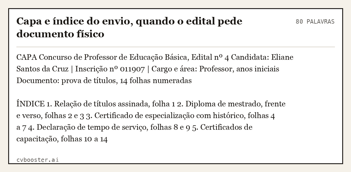 Exemplo completo: Capa e índice do envio, quando o edital pede documento físico, 80 palavras