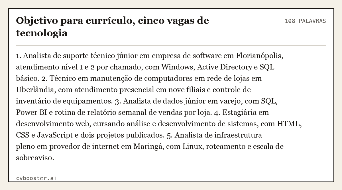 Exemplo completo: Objetivo para currículo, cinco vagas de tecnologia, 108 palavras