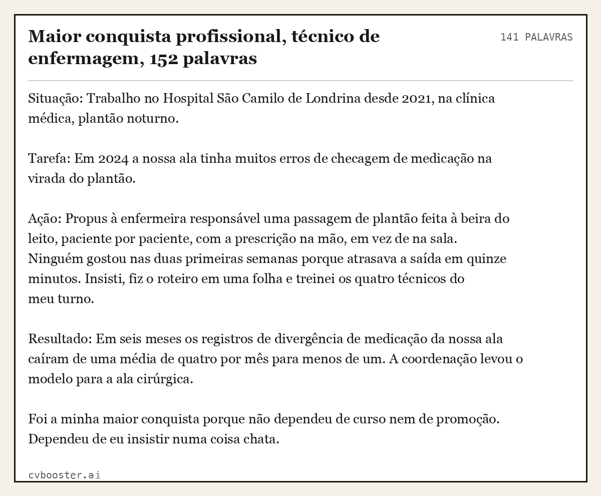 Exemplo completo: Maior conquista profissional, técnico de enfermagem, 152 palavras, 141 palavras