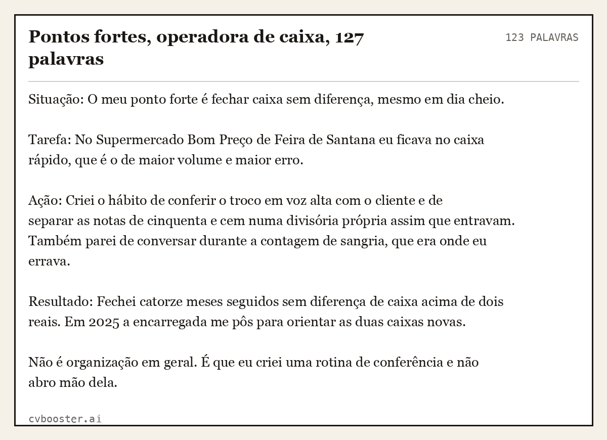 Exemplo completo: Pontos fortes, operadora de caixa, 127 palavras, 123 palavras