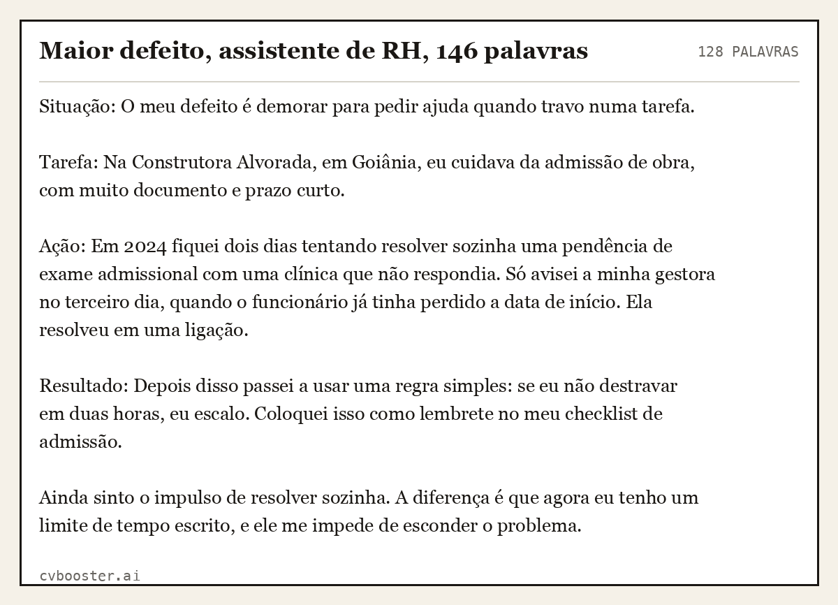 Exemplo completo: Maior defeito, assistente de RH, 146 palavras, 128 palavras