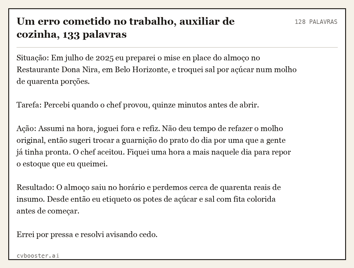 Exemplo completo: Um erro cometido no trabalho, auxiliar de cozinha, 133 palavras, 128 palavras
