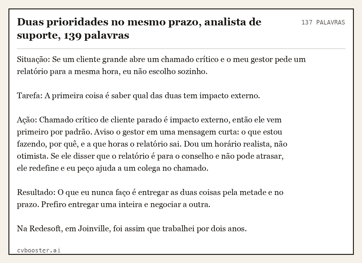 Exemplo completo: Duas prioridades no mesmo prazo, analista de suporte, 139 palavras, 137 palavras