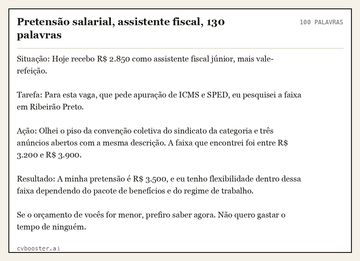 Exemplo completo: Pretensão salarial, assistente fiscal, 130 palavras, 100 palavras