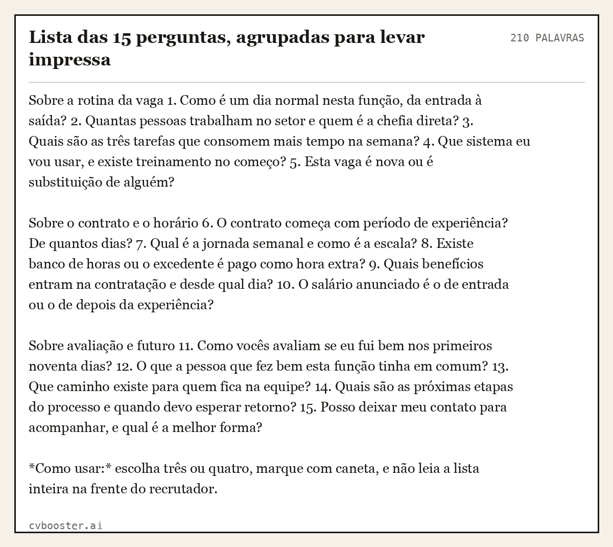 Exemplo completo: Lista das 15 perguntas, agrupadas para levar impressa, 210 palavras