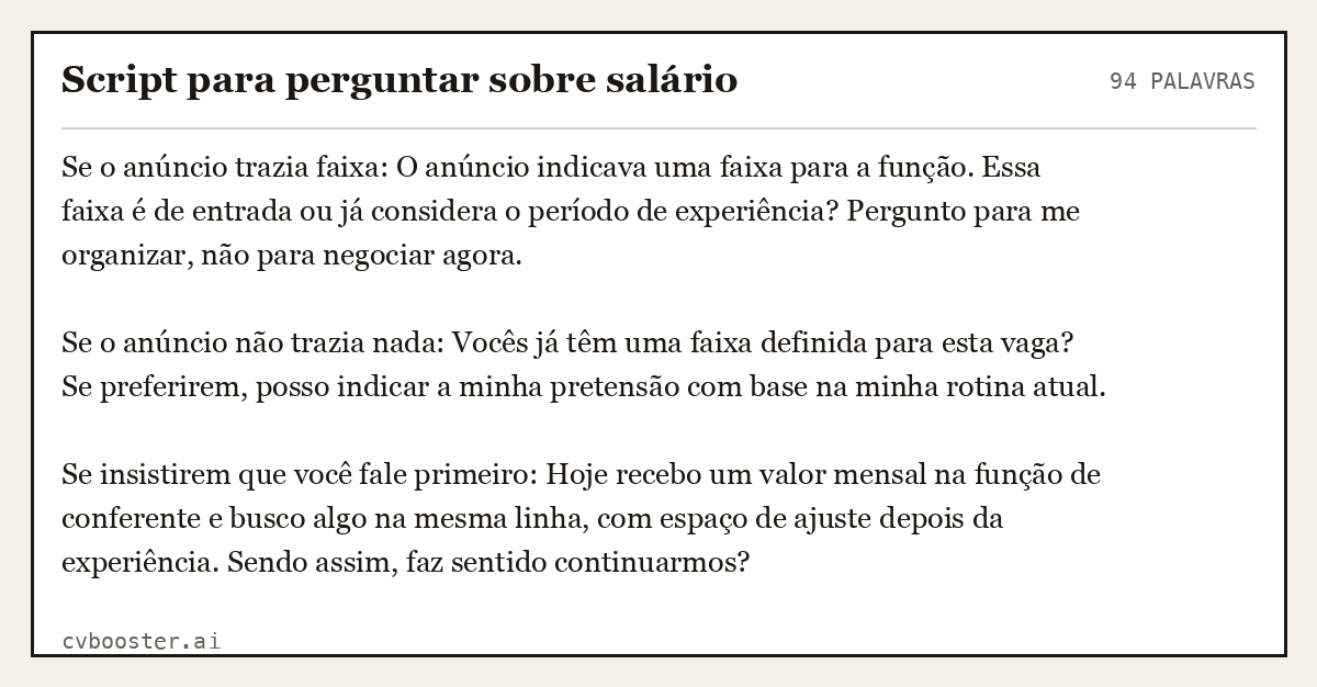 Exemplo completo: Script para perguntar sobre salário, 94 palavras