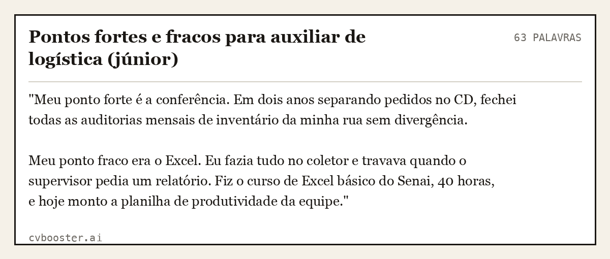 Exemplo completo: Pontos fortes e fracos para auxiliar de logística (júnior), 63 palavras