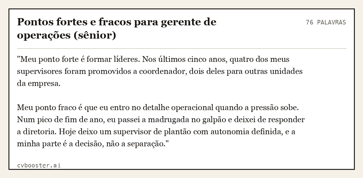 Exemplo completo: Pontos fortes e fracos para gerente de operações (sênior), 76 palavras