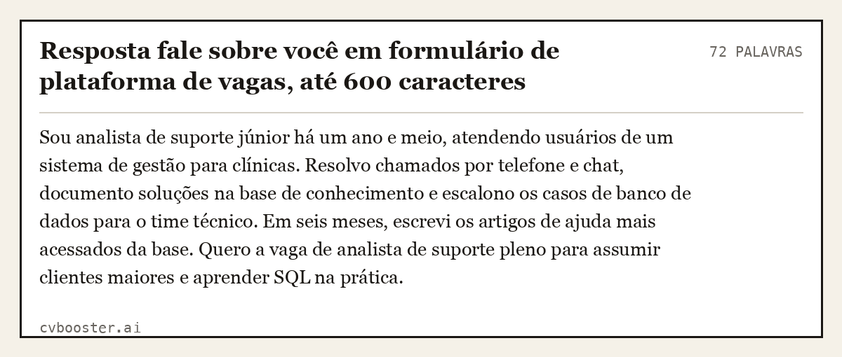Exemplo completo: Resposta fale sobre você em formulário de plataforma de vagas, até 600 caracteres, 72 palavras