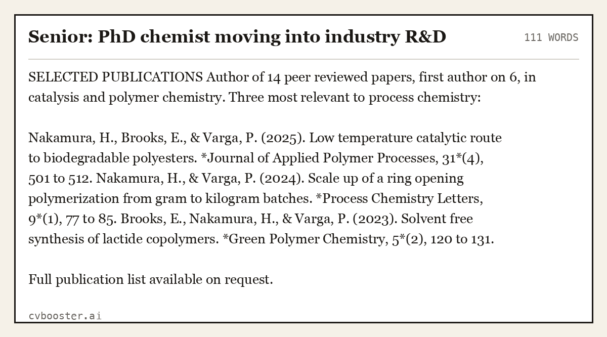 Complete Senior: PhD chemist moving into industry R&D example, 111 words, laid out as it would sit in the application form