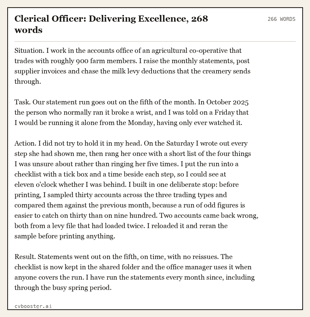Complete Clerical Officer: Delivering Excellence example, 266 words, laid out as it would sit in the application form