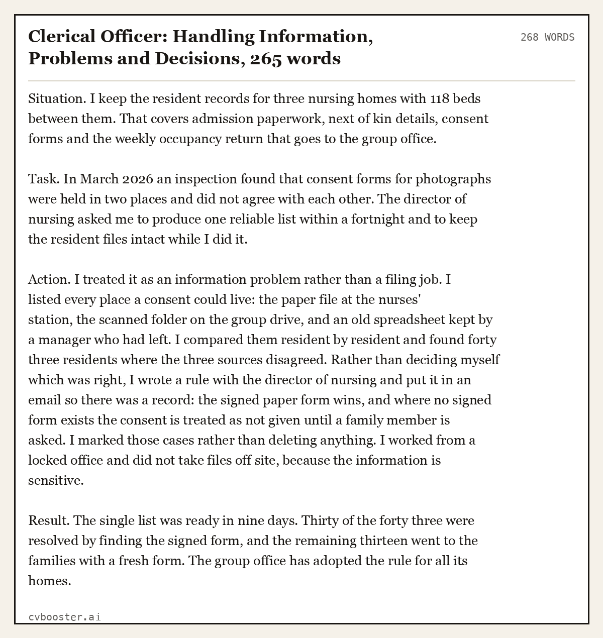 Complete Clerical Officer: Handling Information, Problems and Decisions example, 268 words, laid out as it would sit in the application form
