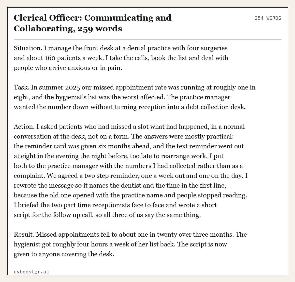 Complete Clerical Officer: Communicating and Collaborating example, 254 words, laid out as it would sit in the application form