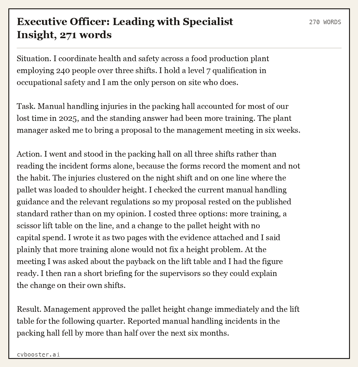 Complete Executive Officer: Leading with Specialist Insight example, 270 words, laid out as it would sit in the application form