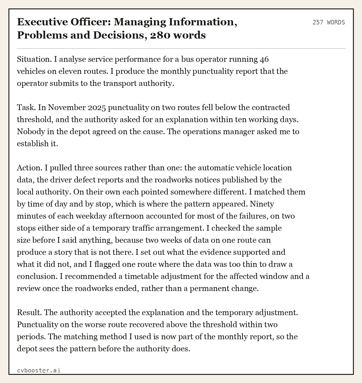 Complete Executive Officer: Managing Information, Problems and Decisions example, 257 words, laid out as it would sit in the application form