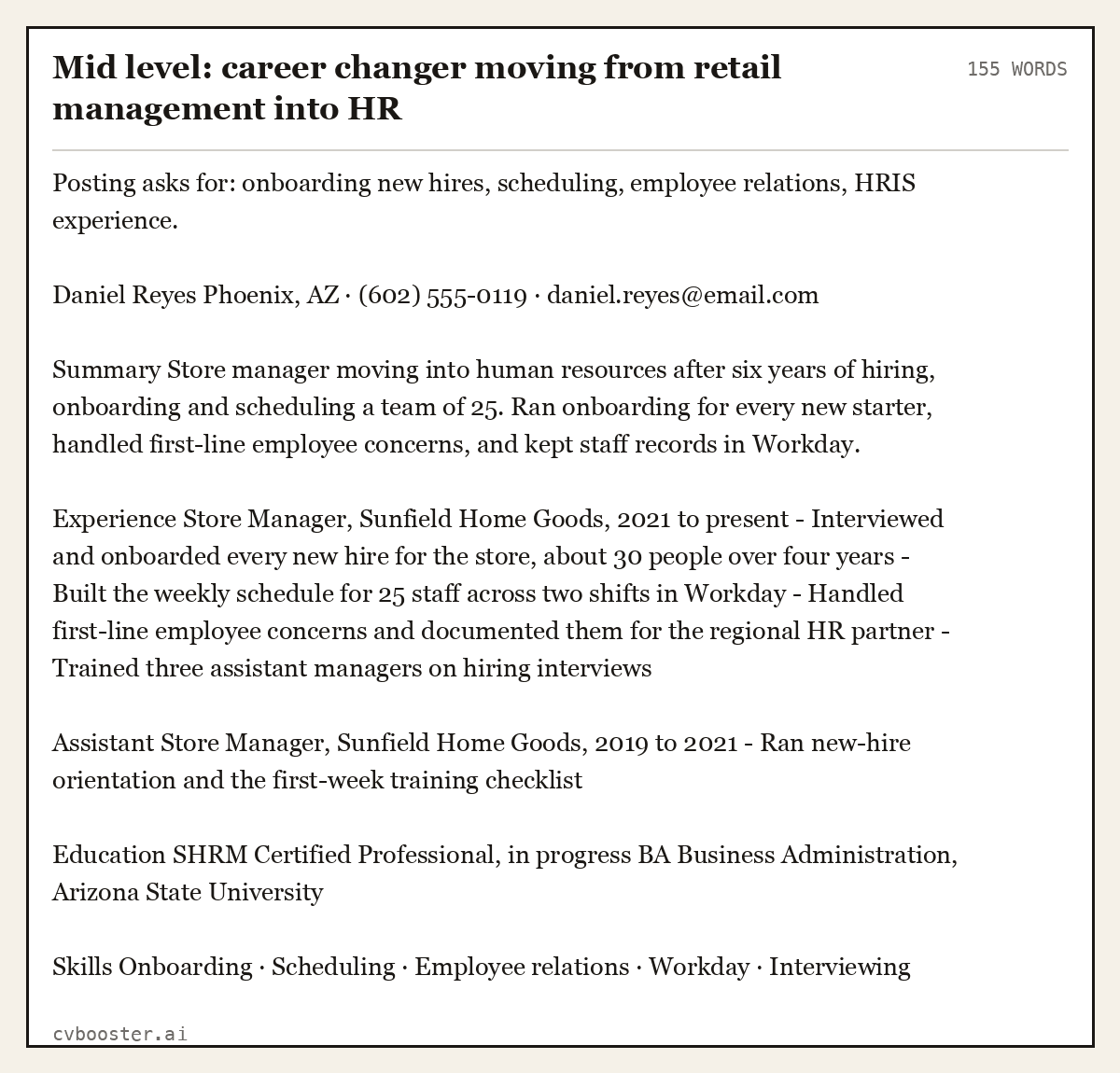 Complete Mid level: career changer moving from retail management into HR example, 155 words, laid out as it would sit in the application form