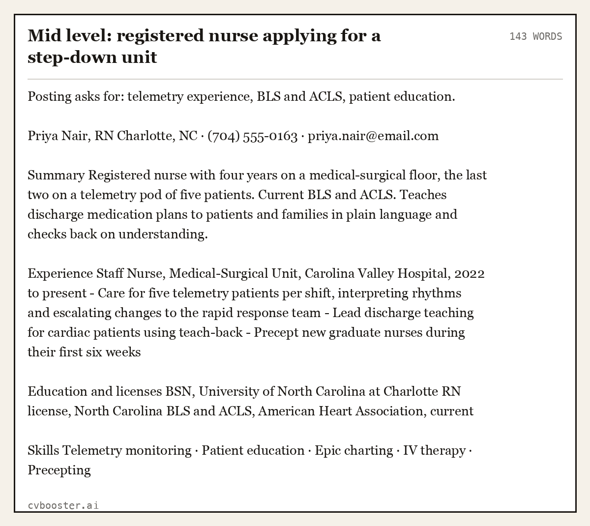 Complete Mid level: registered nurse applying for a step-down unit example, 143 words, laid out as it would sit in the application form