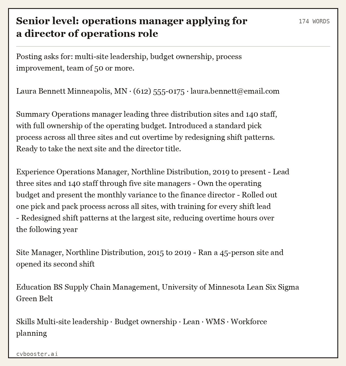 Complete Senior level: operations manager applying for a director of operations role example, 174 words, laid out as it would sit in the application form