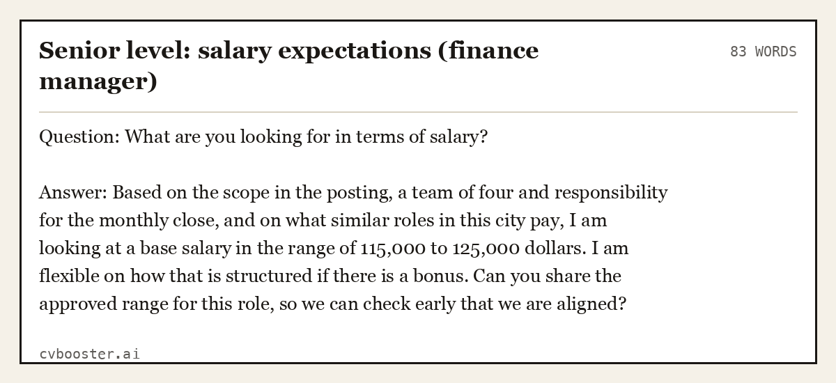 Complete Senior level: salary expectations (finance manager) example, 83 words, laid out as it would sit in the application form